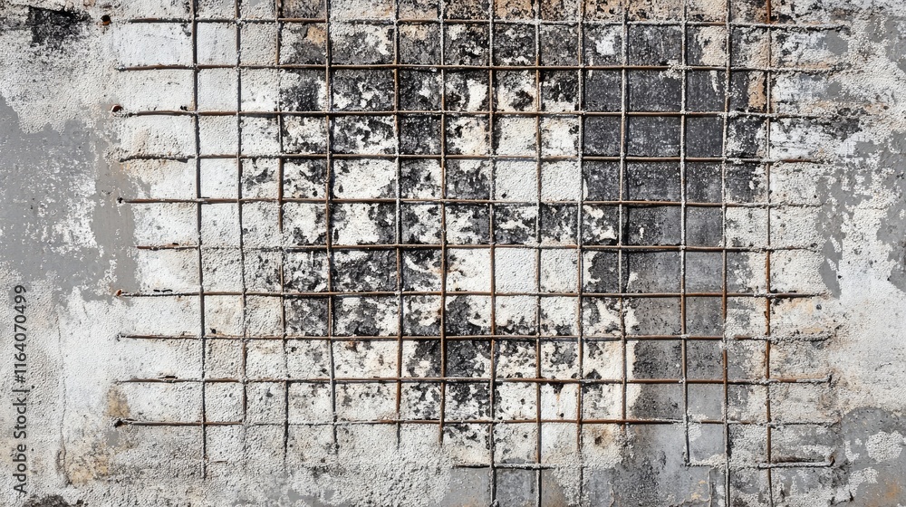 Poster rusty wire mesh embedded in deteriorating concrete wall texture for industrial and construction them