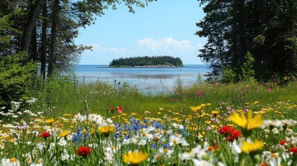 Serene landscape featuring vibrant wildflowers in the foreground with a tranquil island view framed by lush trees in the background