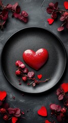 A stylish flat lay featuring a monochrome Valentine’s dinner menu elegantly placed on a sleek black plate, exuding modern romance and minimalist sophistication