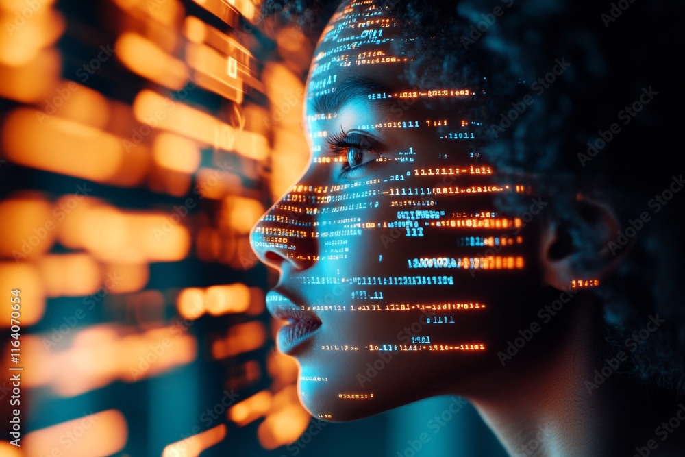 Aufkleber a cybersecurity expert working in a dark room, with digital code projections on their face and glowi