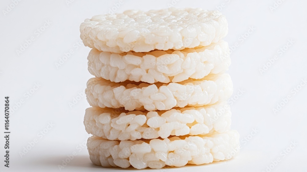 Poster stack of crispy rice cakes arranged neatly on a clean white background highlighting their texture an