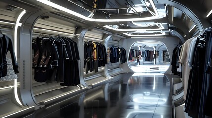 Futuristic Fashion Store Interior with Modern Design and Sleek Lighting Showcasing a Unique Collection of Stylish Garments in an Innovative Environment