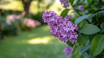 Obraz premium Vibrant purple lilac blossom in a lush spring garden surrounded by greenery and soft natural light