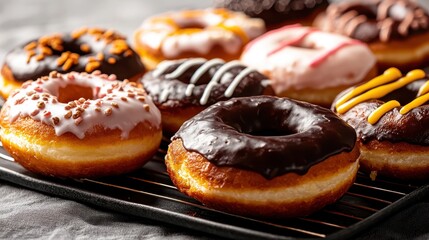 Assorted colorful donuts on a cooling rack, showcasing various toppings and flavors.