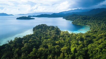 Tropical Archipelago Forests Surrounded by Crystal Clear Waters and Lush Greenery Under Dramatic Cloudy Sky