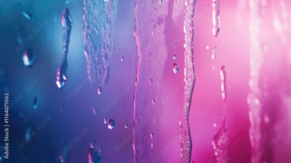 Poster condensation on window glass with vibrant cool color tones highlighting droplets flowing down creati