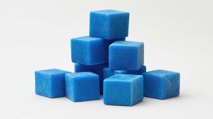Obraz premium Blue cubes arranged in a stack with a white background showcasing their geometric design and textures from a side perspective