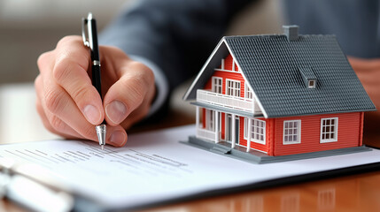 Closeup of businessman signing real estate contract in professional office with model house
