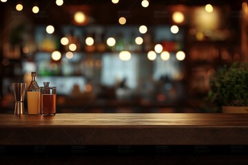 Empty wooden bar counter with blurred background of bar interior and liquor bottles.