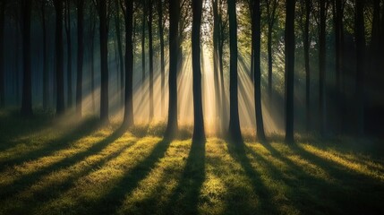 Naklejka premium Serene forest landscape with sunlight streaming through trees creating a tranquil and magical atmosphere in Twente region