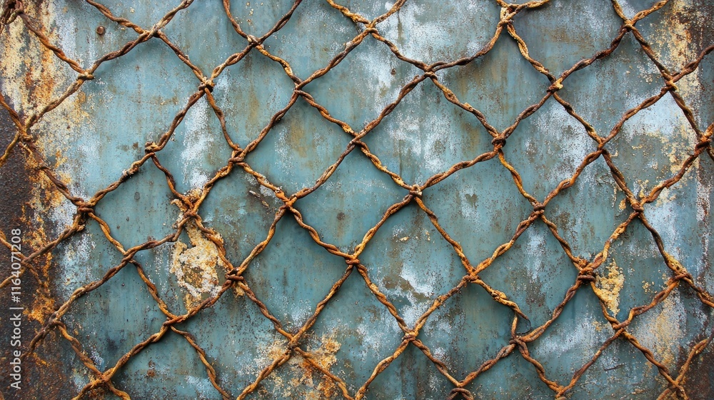 Poster rusty wire mesh fence with weathered blue background showcasing aged metal and intricate patterns of