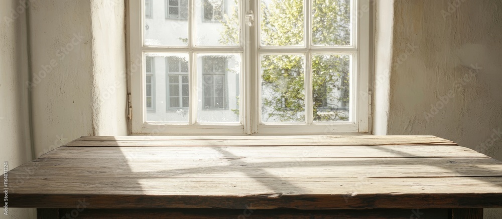 Poster rustic wooden table in front of a softly blurred white window ideal for product showcases and creati