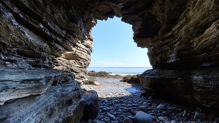 Cave opening in rock formation revealing ocean view and blue sky on a sunny beach day showcasing natural coastal beauty