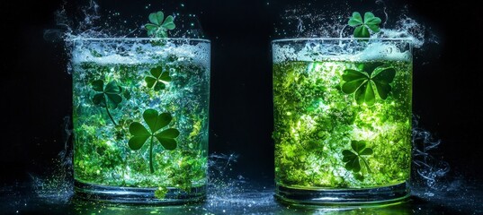 St. Patrick's Day Green Beer pint on a dark green background, embellished with shamrock leaves. Patrick Day pub party, filled with celebration. Glass of Green beer in close-up. Border art design,