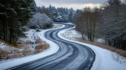 Obraz premium Winding snow-covered road through serene Highlands landscape in winter with evergreen trees on both sides