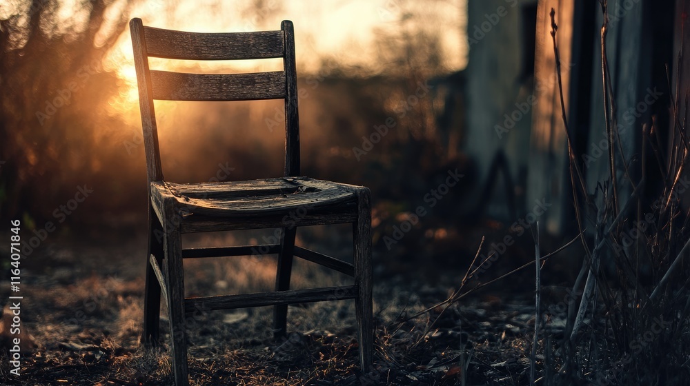 Aufkleber wooden chair in golden hour setting with a soft focus background creating a nostalgic and serene atm