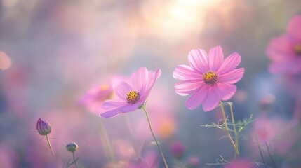 Fototapeta premium Vibrant wildflowers in soft focus against a dreamy pastel backdrop creating a serene and captivating floral landscape scene