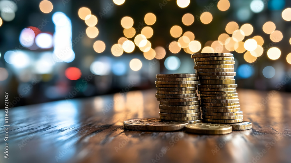 Poster stacks of coins on a wooden table with bokeh background.