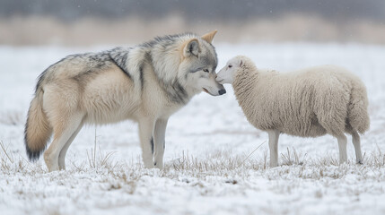 Wolf and sheep face off snowy field animal love encounter winter wonderland close-up nature