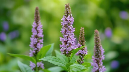 Obraz premium Blooming wildflowers in close up showcasing vibrant purple blossoms in a lush green meadow environment.