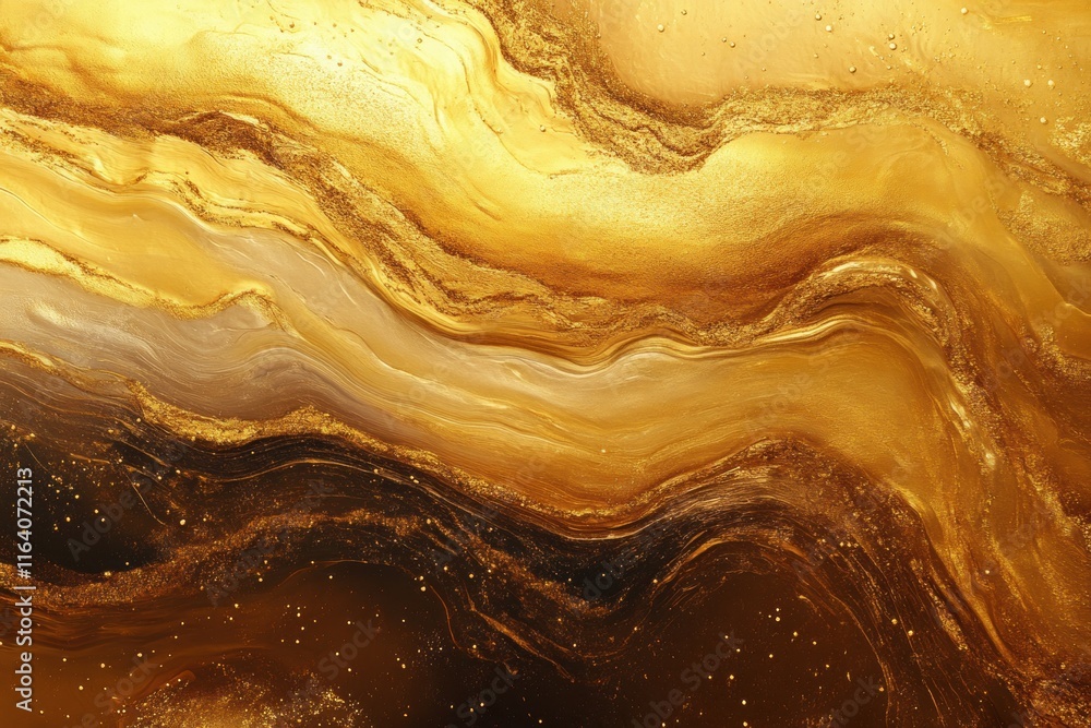 Poster Abstract golden waves with fluid patterns and shimmering effects.