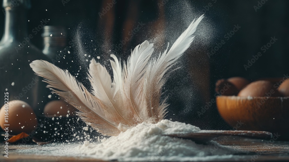 Poster delicate white feathers dusted with powdered sugar on a rustic wooden table with eggs in the backgro
