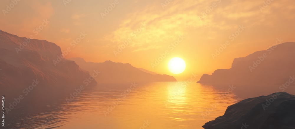 Poster sunset over tranquil lake with mountains reflecting in calm waters creating a serene atmosphere of n