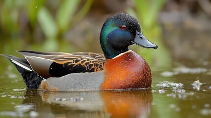 Obraz premium Colorful wild duck swimming gracefully in serene water surrounded by lush greenery.