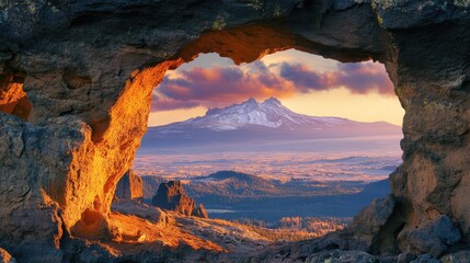 Fototapeta premium Scenic View Through Natural Window Rock Framing Bend Mountains at Sunset in Majestic Landscape