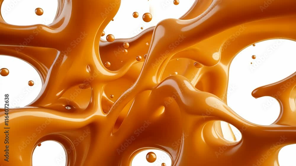 Poster 3d dynamic droplets of creamy caramel splashing and rotating against a transparent background, ideal