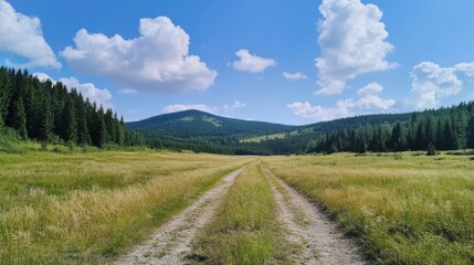 Fototapeta premium Scenic dirt road through lush summer meadows leading to mountain landscape under a vibrant blue sky and fluffy white clouds.