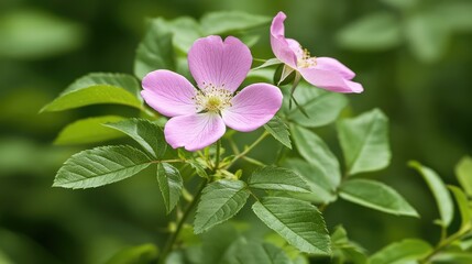Pink wild rose blossoms amidst vibrant green foliage in a serene natural setting capturing the beauty of wildflowers in nature.