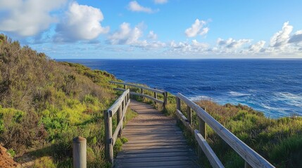 Naklejka premium Scenic Boardwalk Pathway Overlooking Ocean Perfect for Whale Watching near Large Wind Farm with Lush Greenery and Blue Sky
