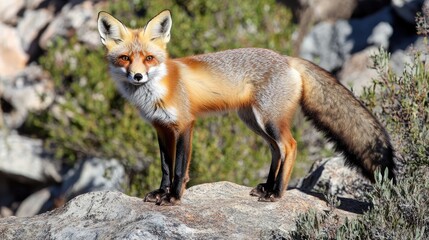 Red Fox Standing on Rock Surrounded by Nature on a Bright Sunny Day