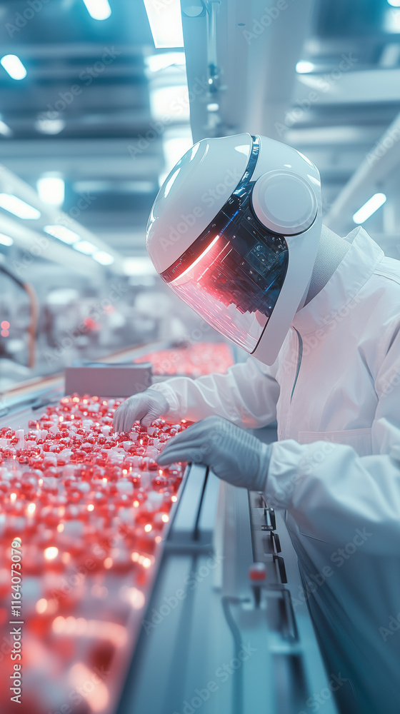 Poster humanoid robot in lab coat assembling red capsules in high tech facility