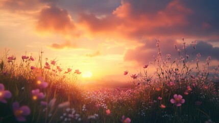 Vibrant wildflowers blooming in a picturesque field during a breathtaking sunset over a serene landscape.