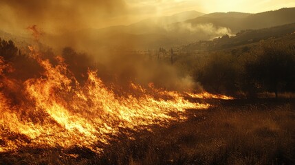 Fototapeta premium Wildfires generating significant carbon emissions and greenhouse gases impacting global climate change dynamics