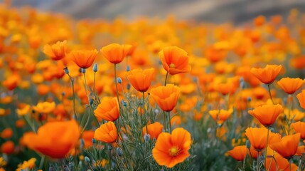 Obraz premium Vibrant orange wildflowers blooming in a sunlit meadow creating a picturesque natural landscape scene