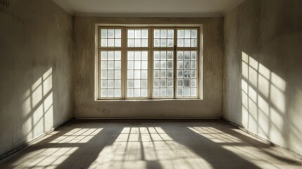 Shadows of window frames dance across the floor in an empty room creating a serene and atmospheric space.