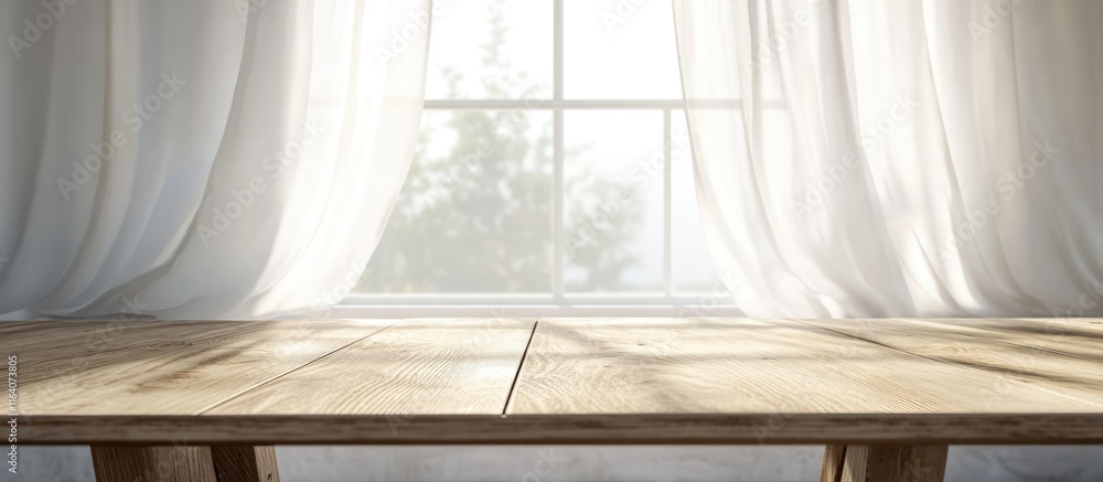 Poster bright morning light illuminating a wooden table with soft blur curtains creating an inviting and wa