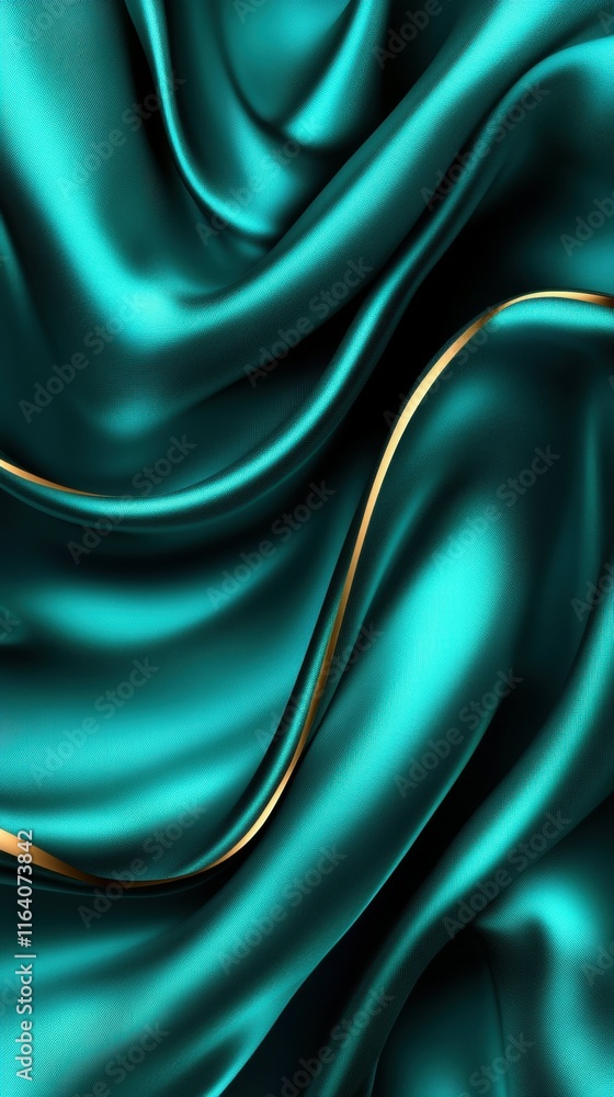 Poster a close-up of smooth, teal satin fabric with a subtle golden line, showcasing texture and elegance.