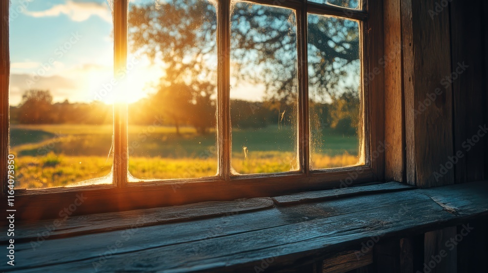 Poster morning sunlight streaming through a rustic window frame illuminating a serene landscape and creatin