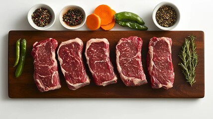 Fototapeta premium tabla de cortar plana de madera con carne cruda con verduras e ingredientes con especias alrededor