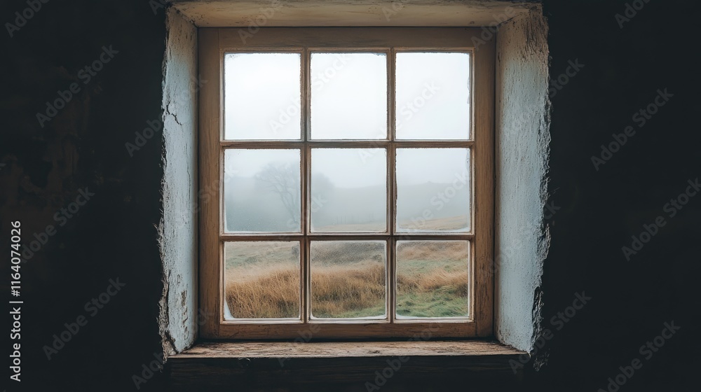 Poster rustic window view overlooking a misty landscape on a gloomy overcast day with soft natural light sh