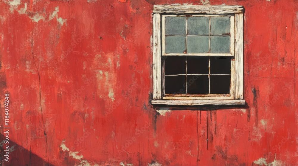 Aufkleber weathered window frame on an aged red building showcasing rustic charm and textural details of worn 