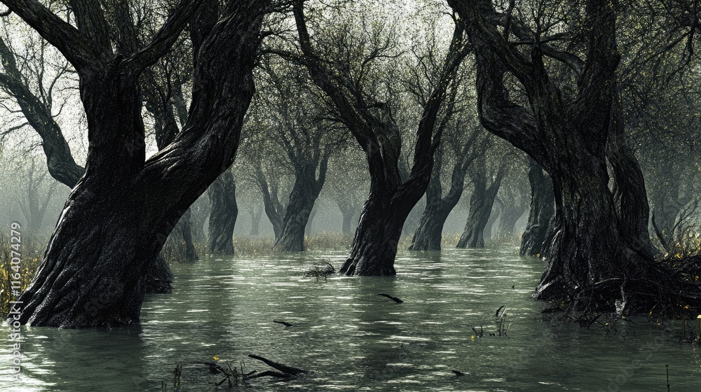 Poster mysterious willow trees in a flooded landscape with hollow trunks and pollarded branches creating a 