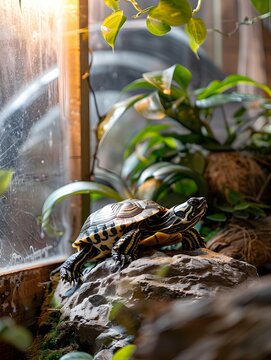 A turtle is perched on a rock in a terrarium