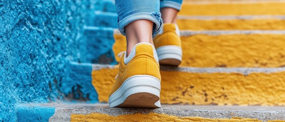 A person walks up colorful yellow and blue stairs, wearing stylish yellow sneakers and jeans.