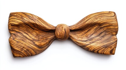 Wooden bow tie handcrafted from natural wood with intricate grain patterns on a white background