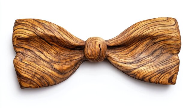 Wooden bow tie handcrafted from natural wood with intricate grain patterns on a white background